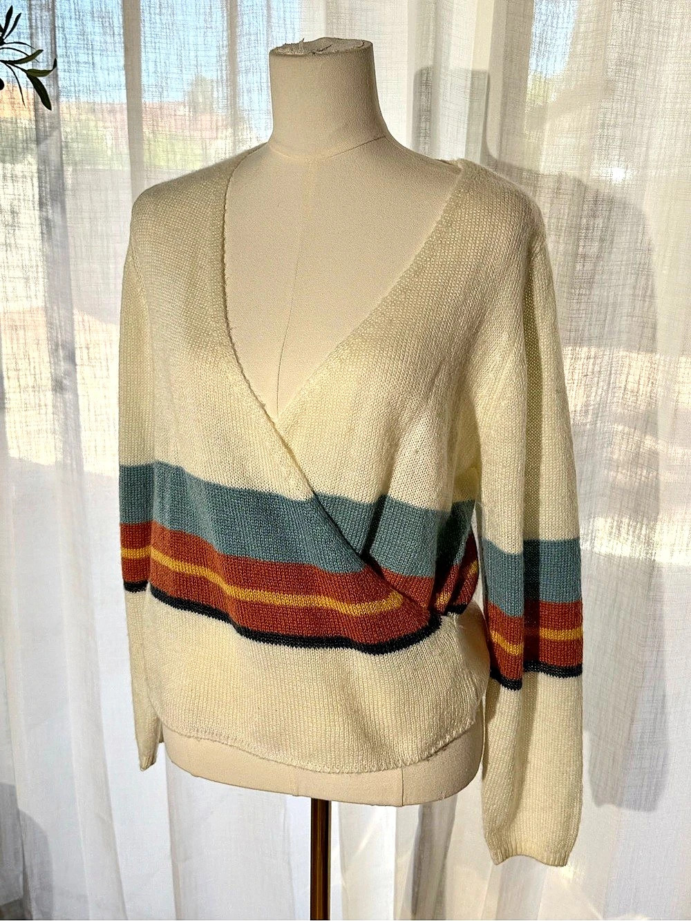 O'Neill Seaside Wrap Stripe Sweater V-Neck Cream & Blue Medium Surfer Surplus